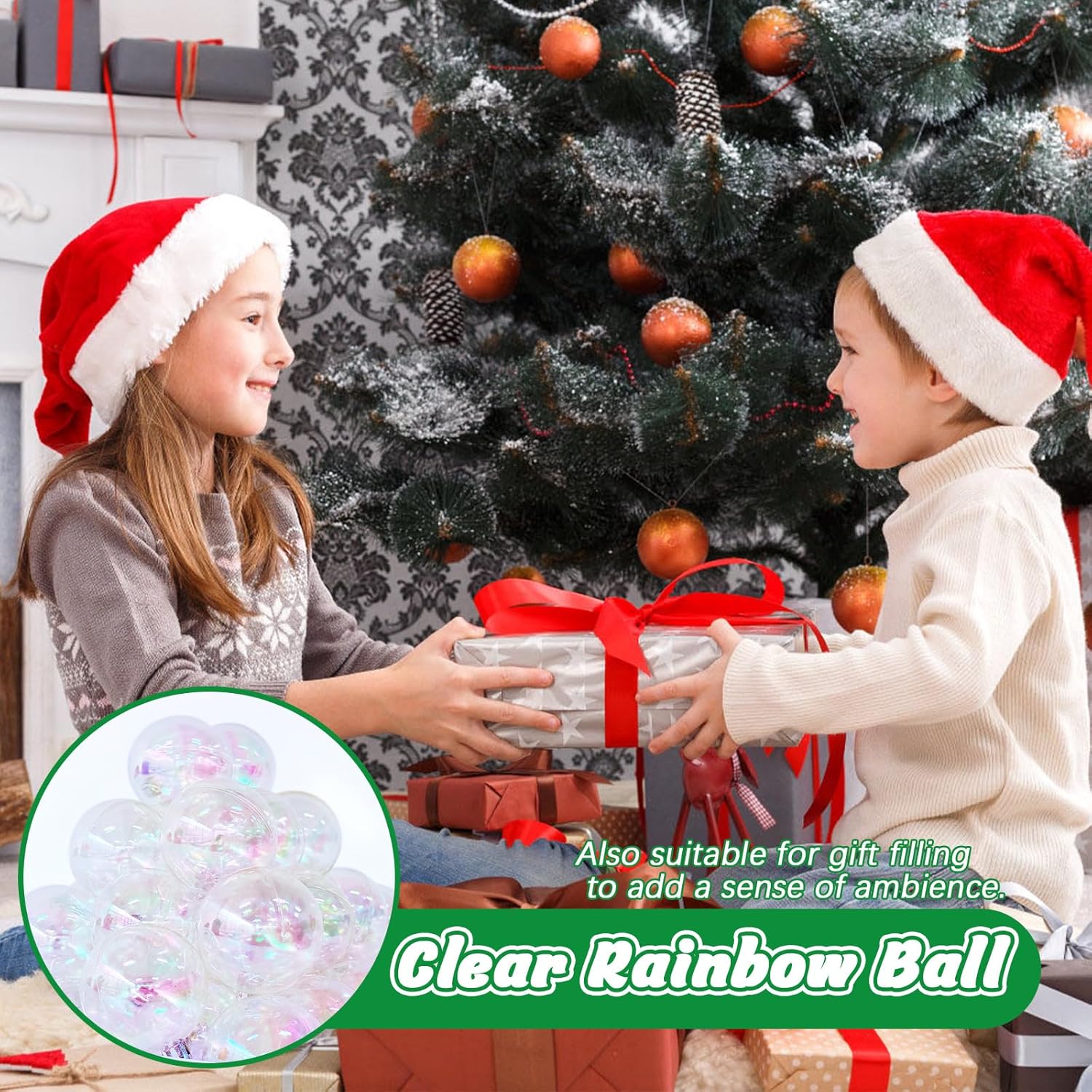 60 PCS Iridescent Clear Christmas Balls with Silver Wire