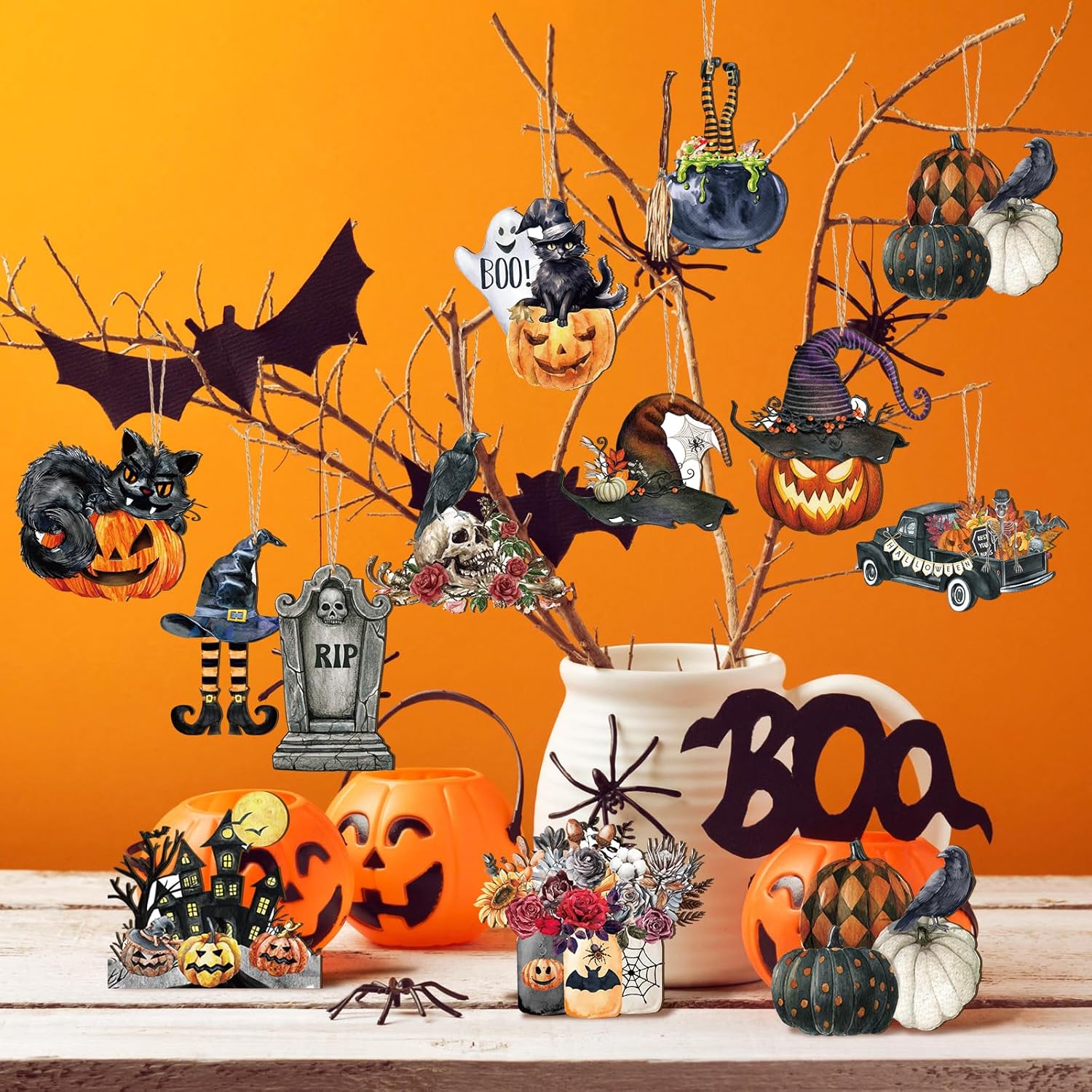 Huwena 36 Pcs Halloween Wood Ornament Set