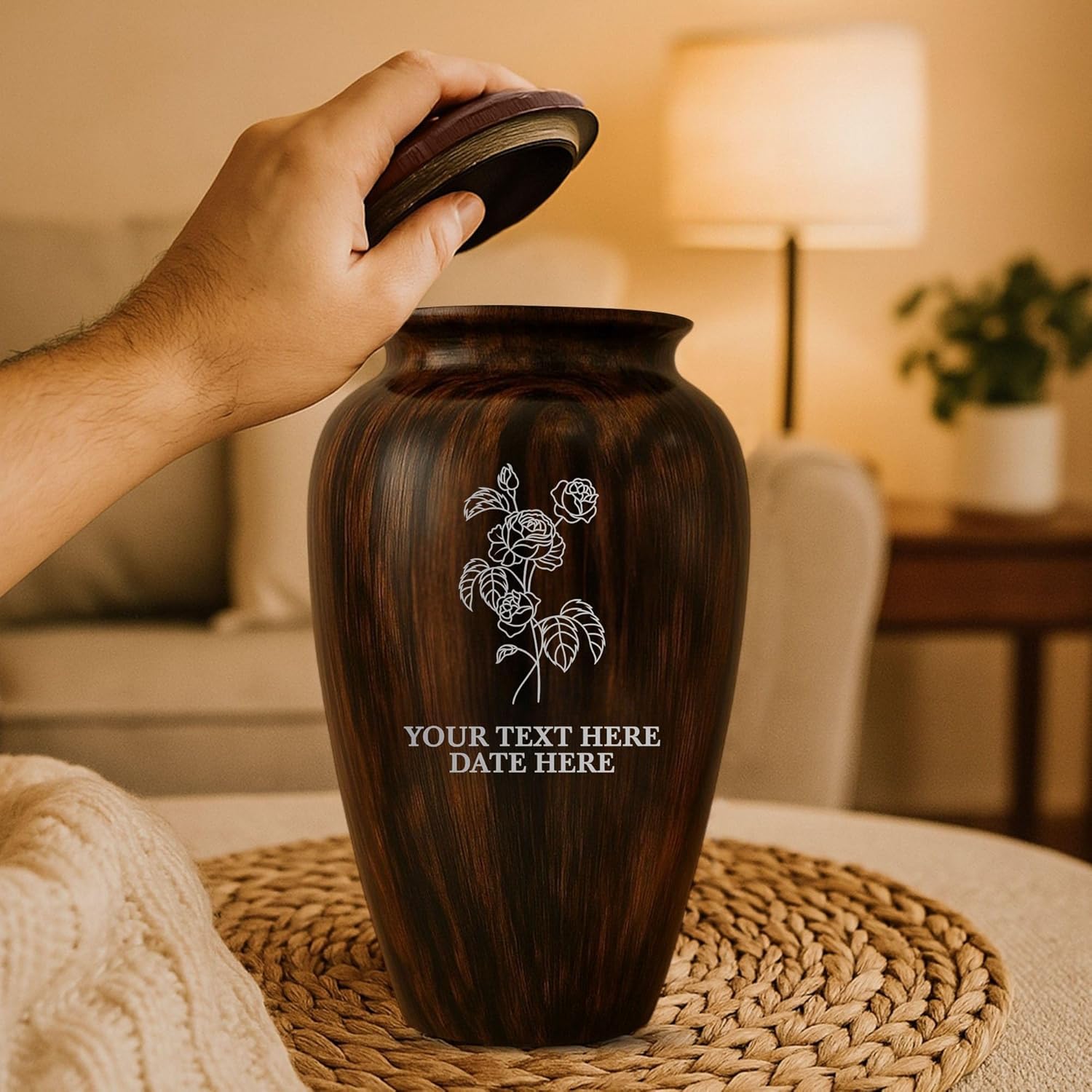 Custom Cremation Urn with Painted Wood Finish and Floral Design