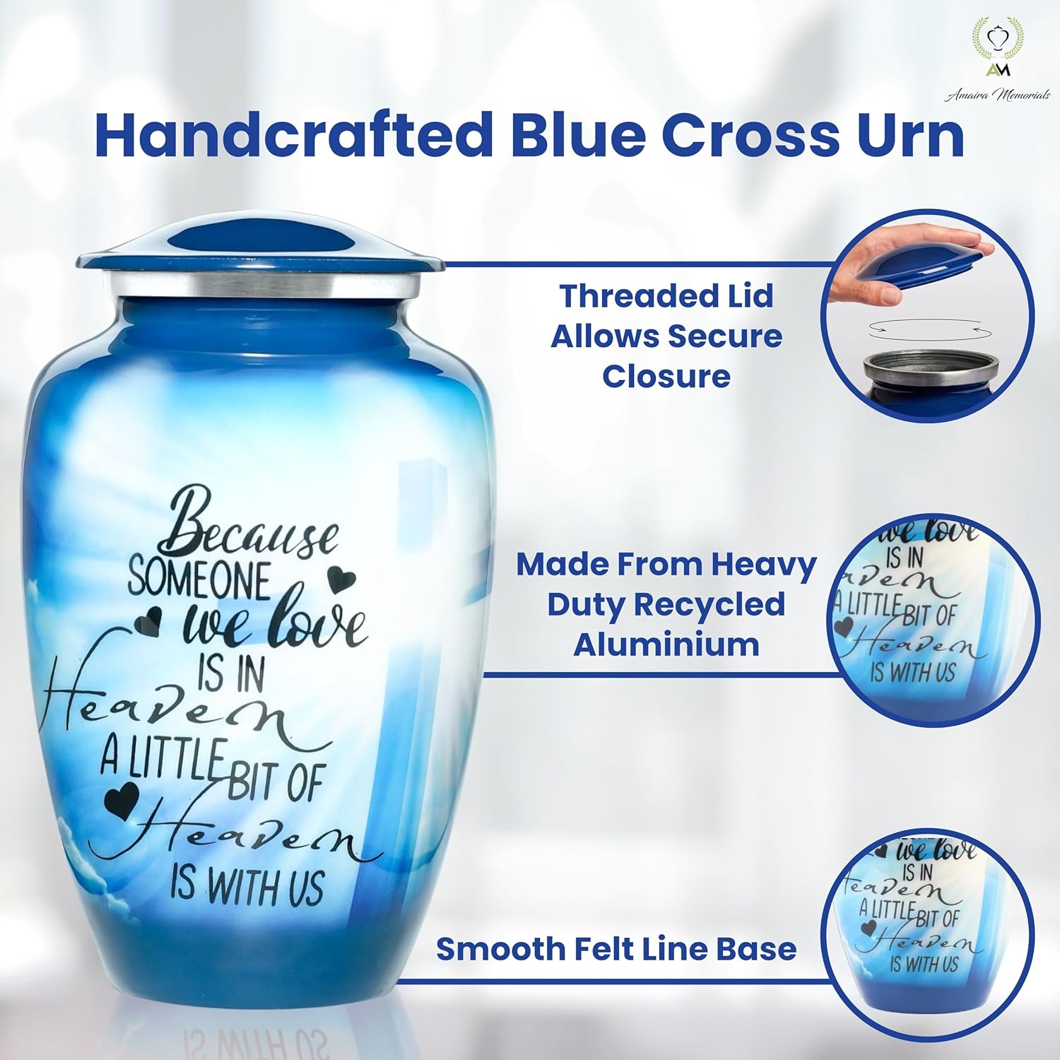 Handcrafted Blue Cross Urn for Human Ashes - 200 LBS Capacity