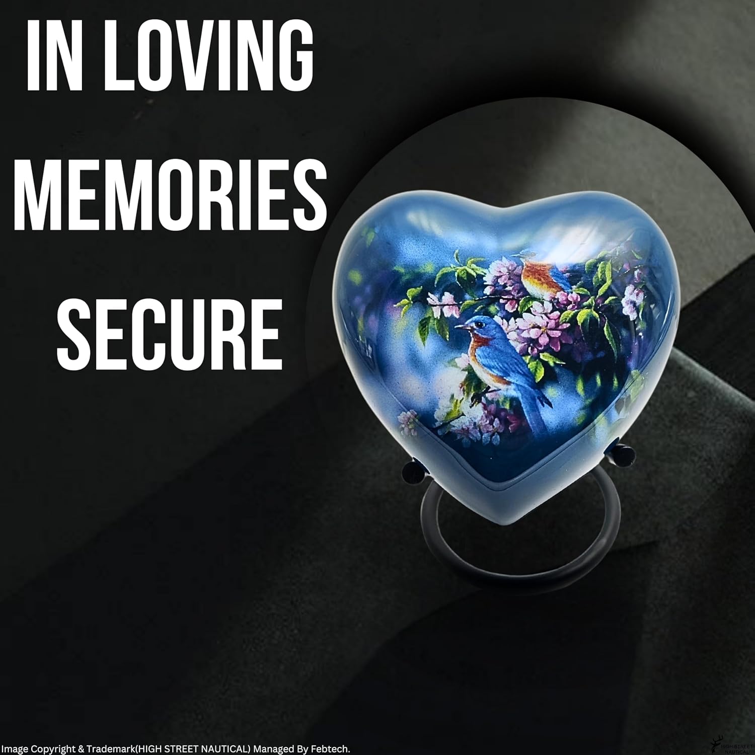 Highstreet Nautical Exquisite Heart Glass Urn with Bluebird and Flower Scene