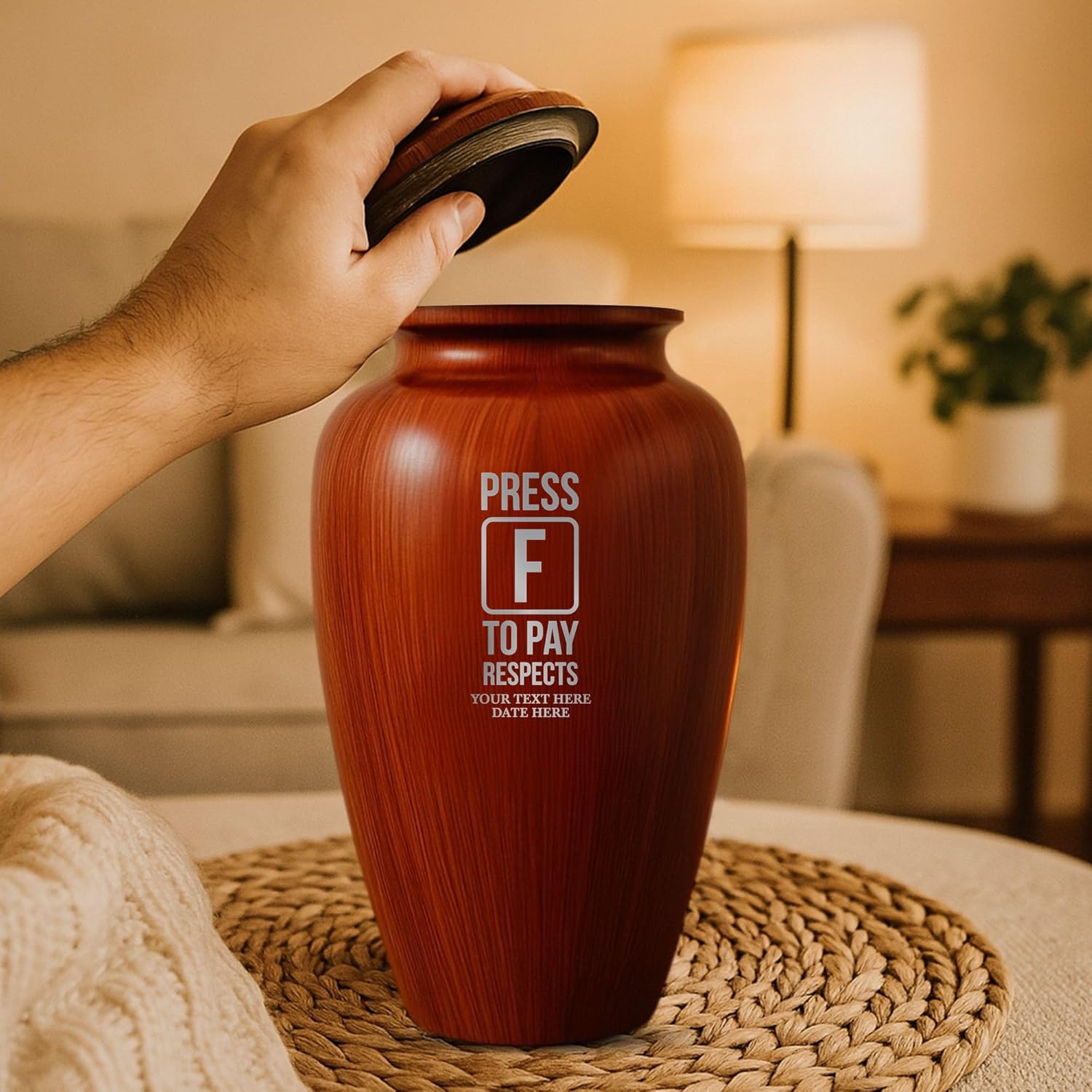 Custom Cremation Urn with Painted Wood Finish and Funny Engraving