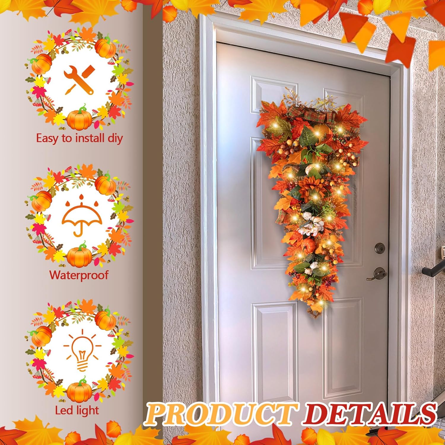 Hotop 2 Pcs 36 Inch Artificial Fall Wreath with LED Lights