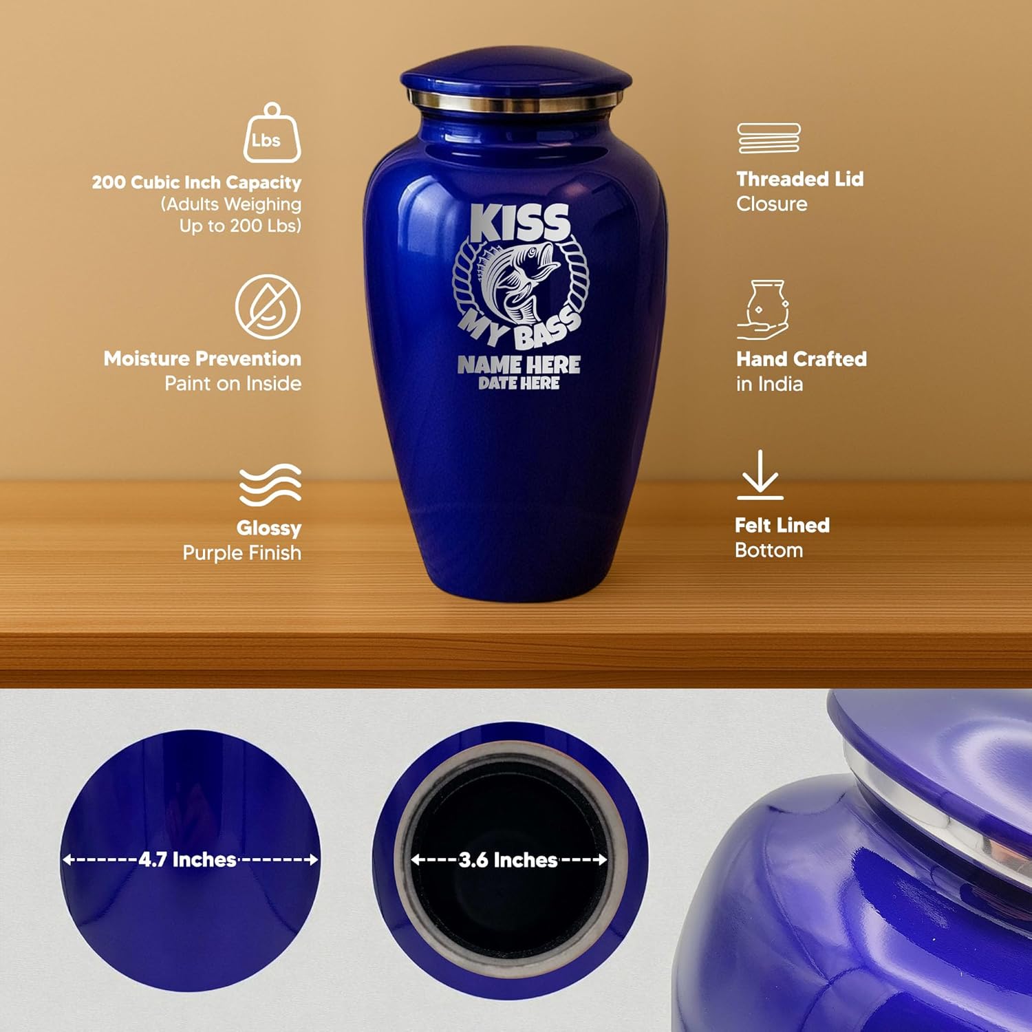 Custom Cremation Urn with Funny Fishing Design Purple
