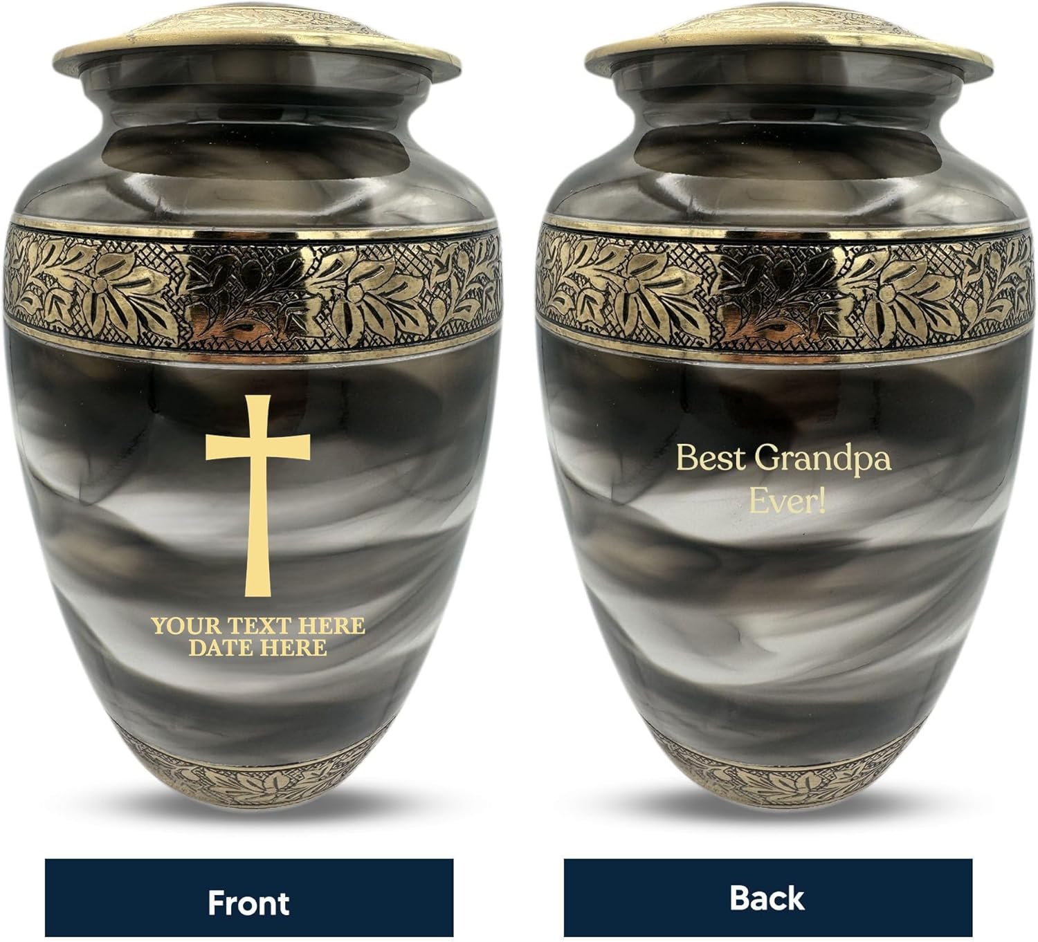 Custom Cremation Urn - Personalized Engraved Name Dates and Memorial Cross in Gold