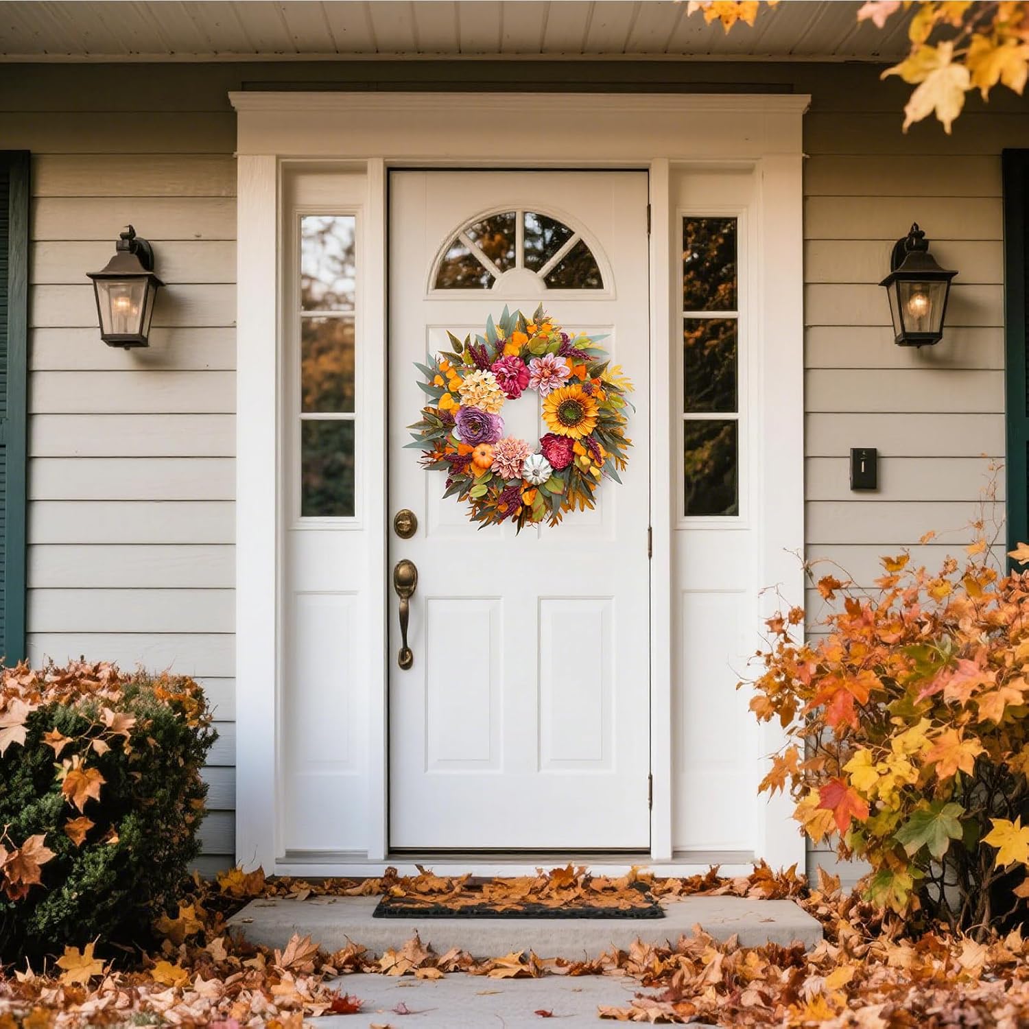 24 Inch Fall Wreath with Sunflowers Pumpkins Peonies Hydrangeas Dahlias Eucalyptus