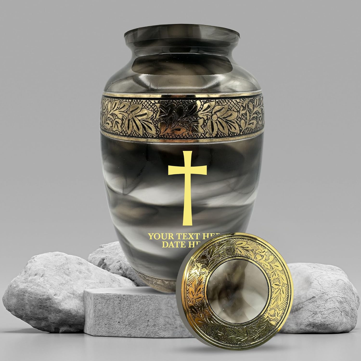Custom Cremation Urn - Personalized Engraved Name Dates and Memorial Cross in Gold