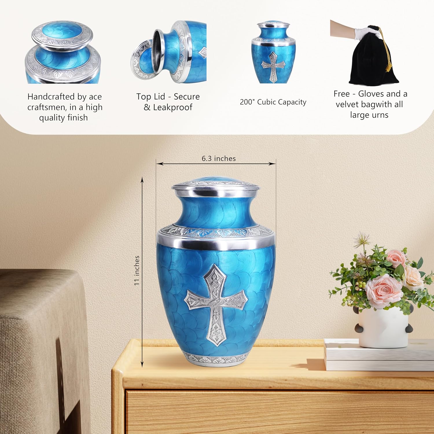 M Meilinxu Turquoise Cross Urn for Human Ashes