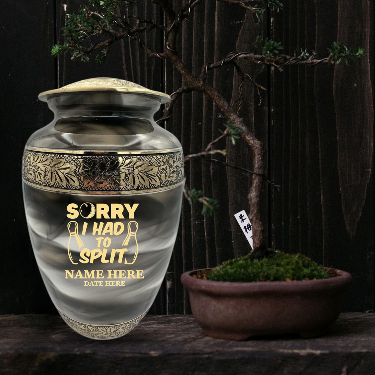 Custom Cremation Urn with Gold Engraving and Bowling Theme