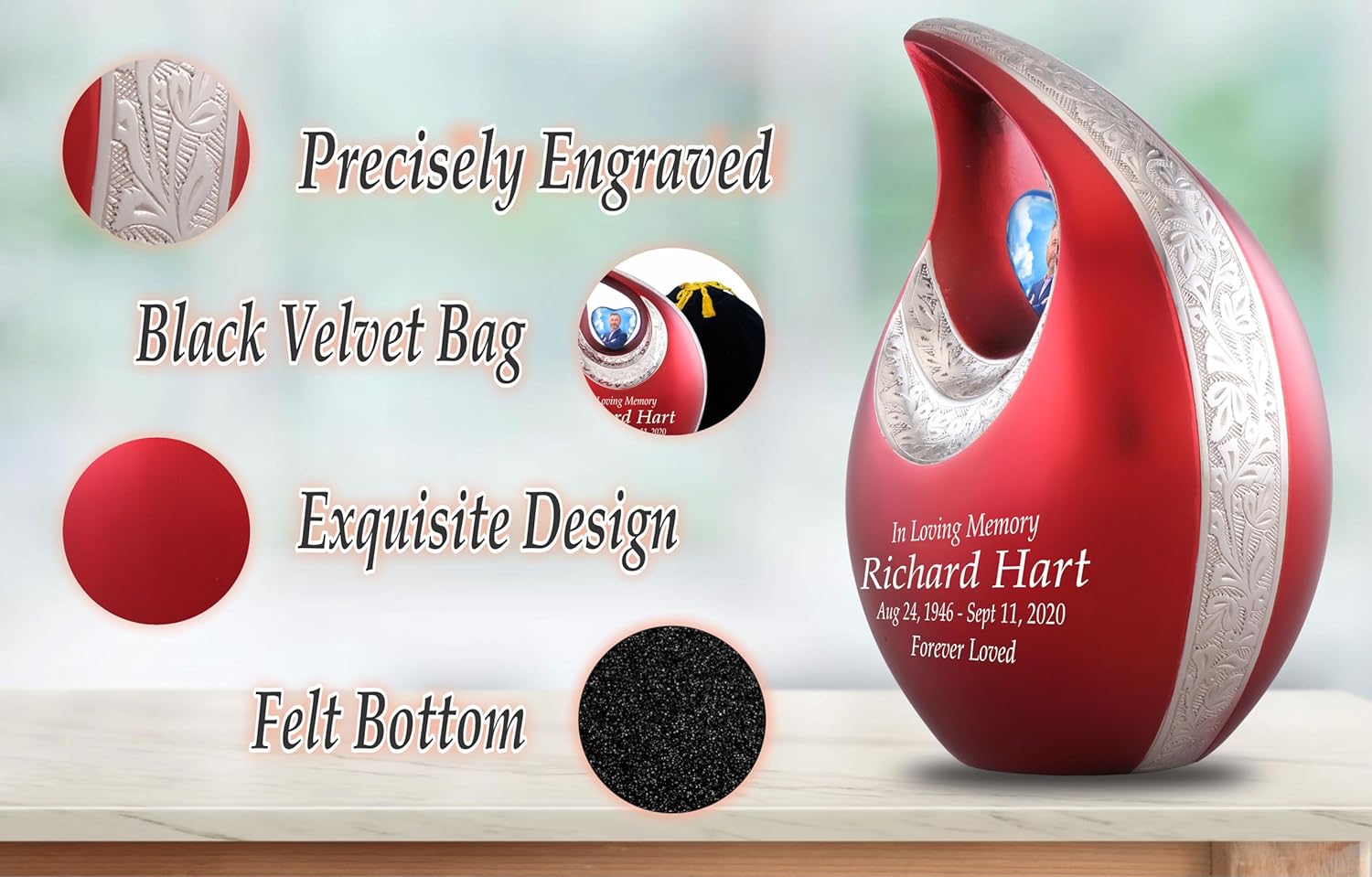 Personalized Photo Text Red Teardrop Cremation Urns for Adult Ashes