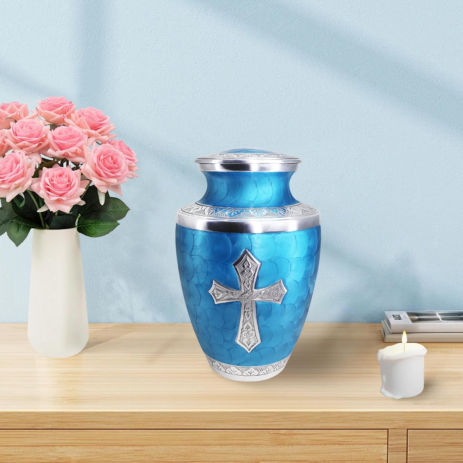 M Meilinxu Turquoise Cross Urn for Human Ashes