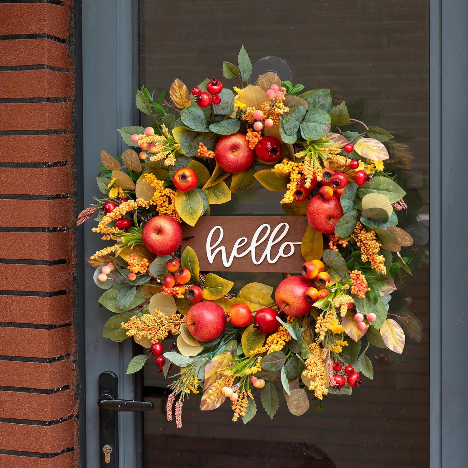 24 Inch Fall Wreath with Apples and Wooden Hello Sign