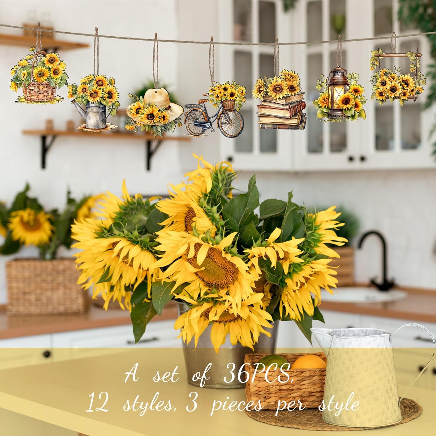 36 Pcs Summer Sunflower Wood Hanging Decorations