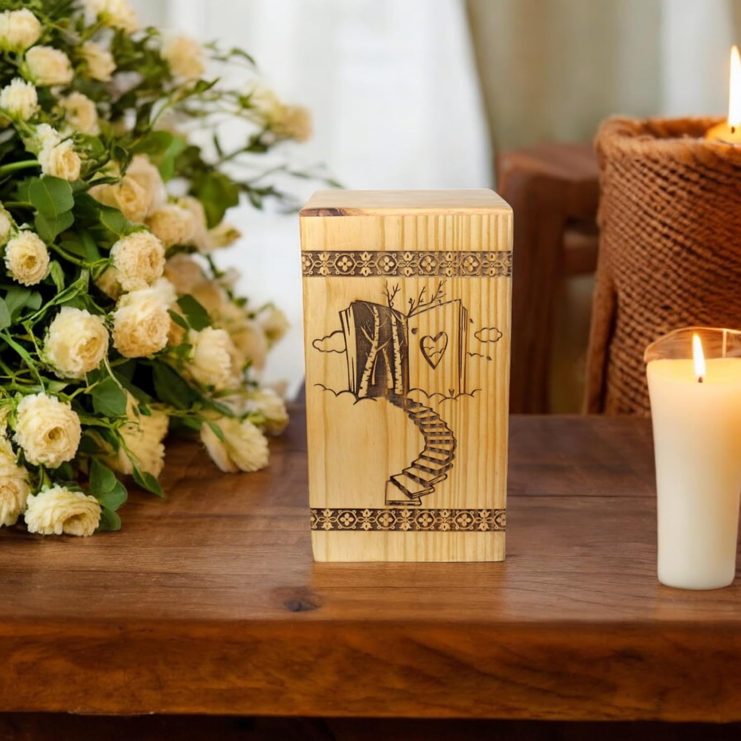 Handcrafted Wooden Cremation Urn with Stairway to Heaven Design