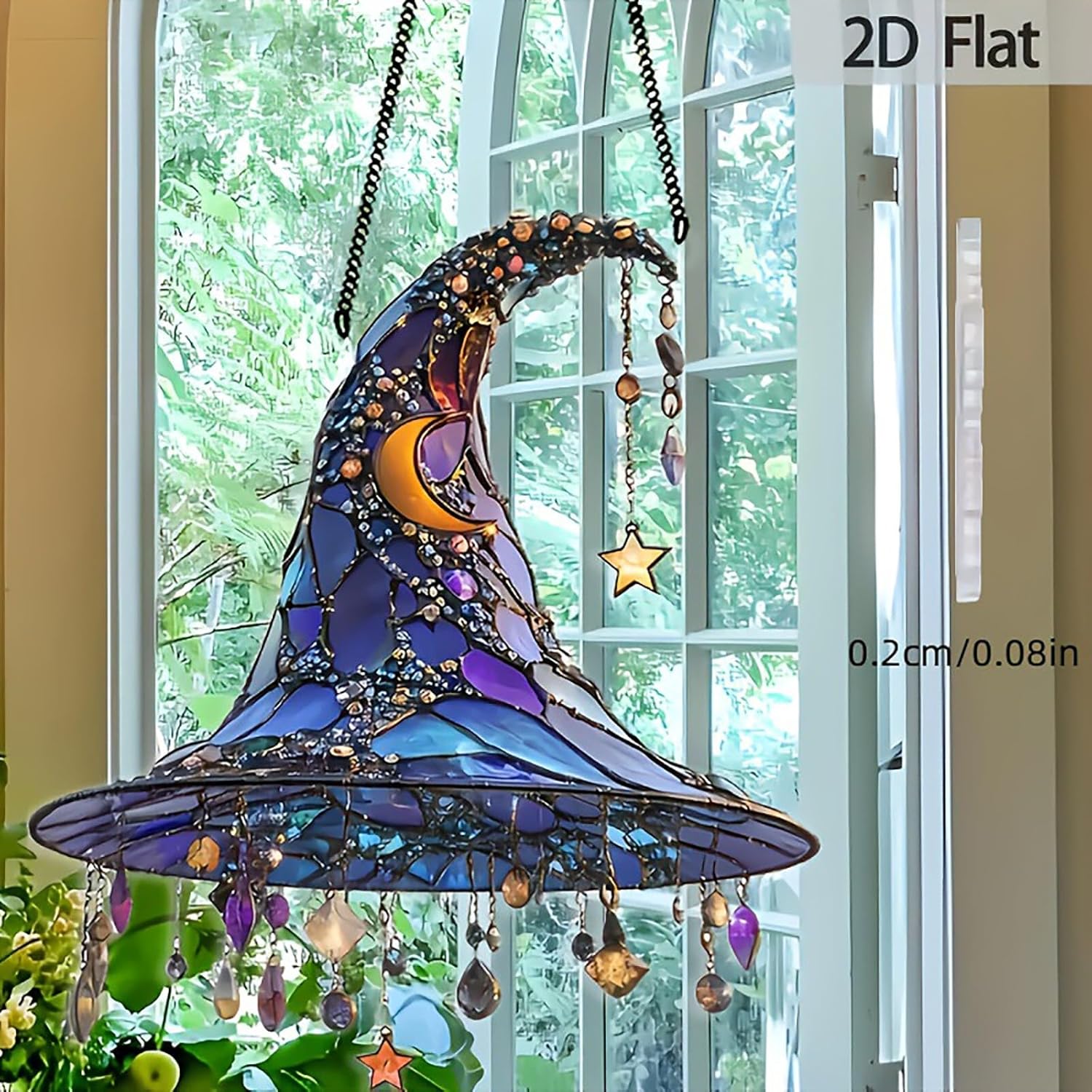 Halloween Witch Hat Hanging Ornament - Sparkling Stained Glass Effect