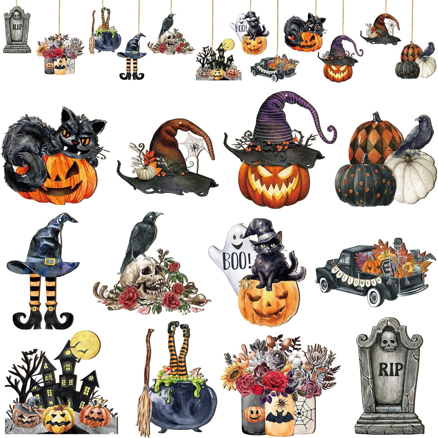 Huwena 36 Pcs Halloween Wood Ornament Set