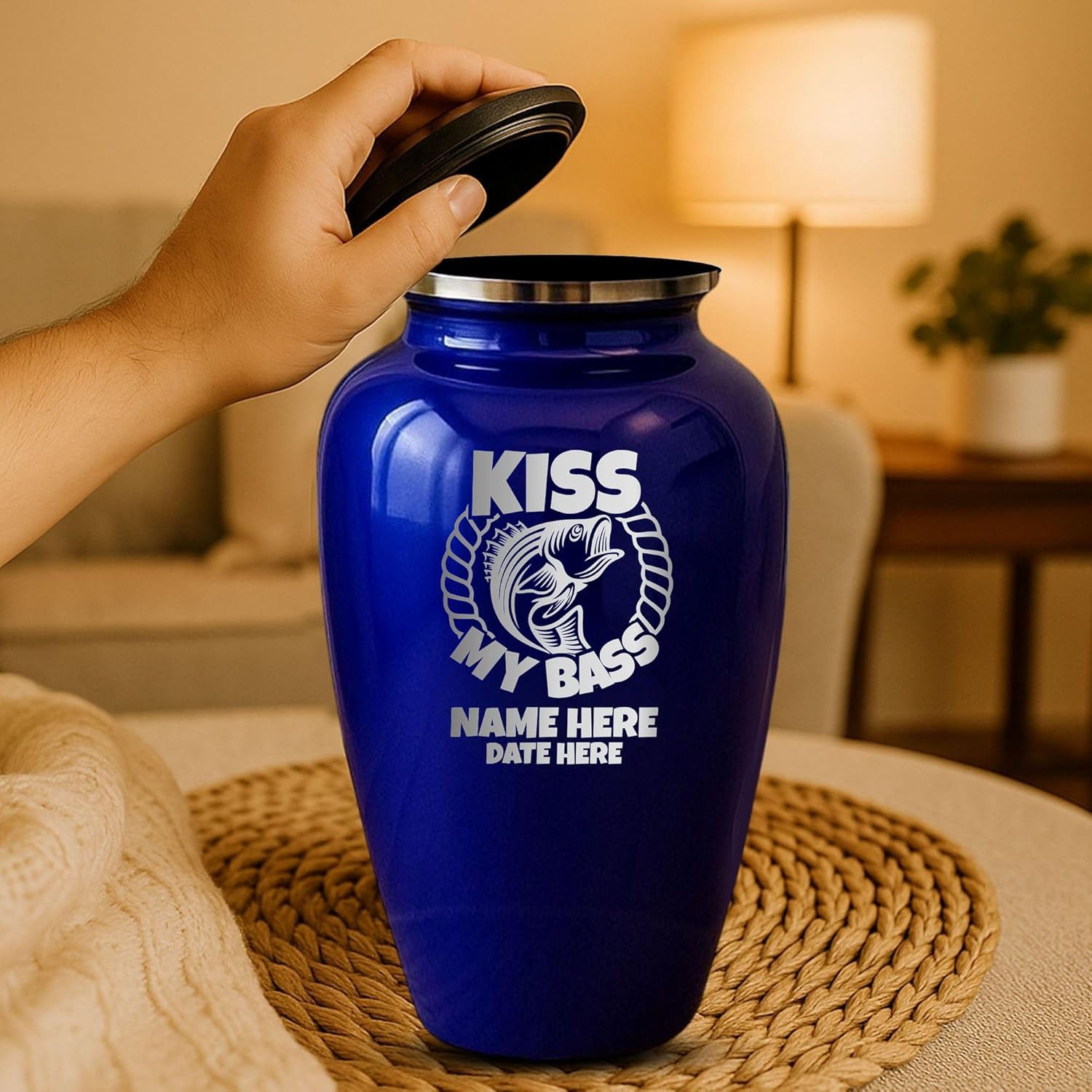 Custom Cremation Urn with Funny Fishing Design Purple