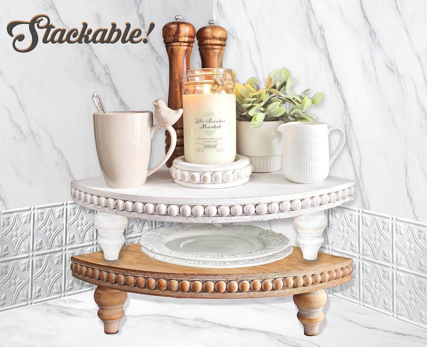 Corner Pedestal Stand with Beaded White Wood Design
