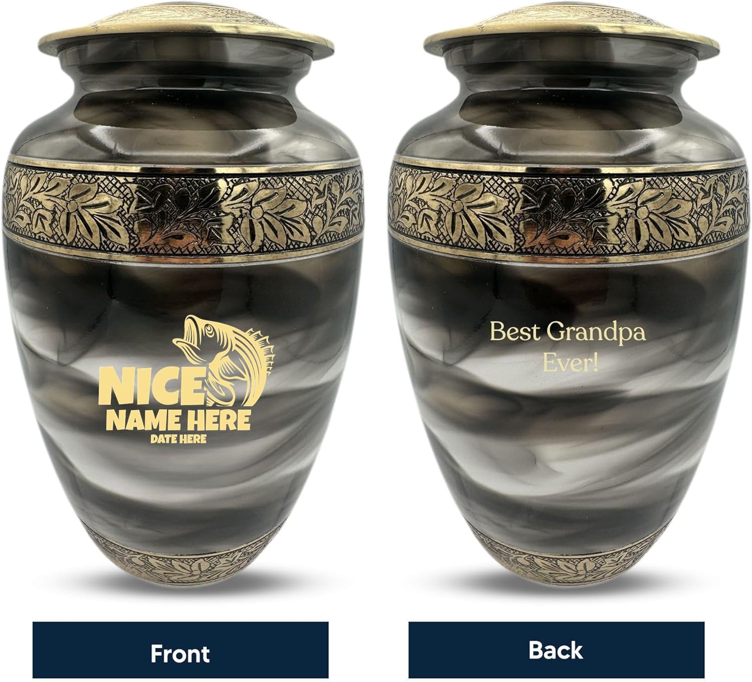 Custom Cremation Urn for Fishing Lovers - Engraved Names Bass Design in Gold