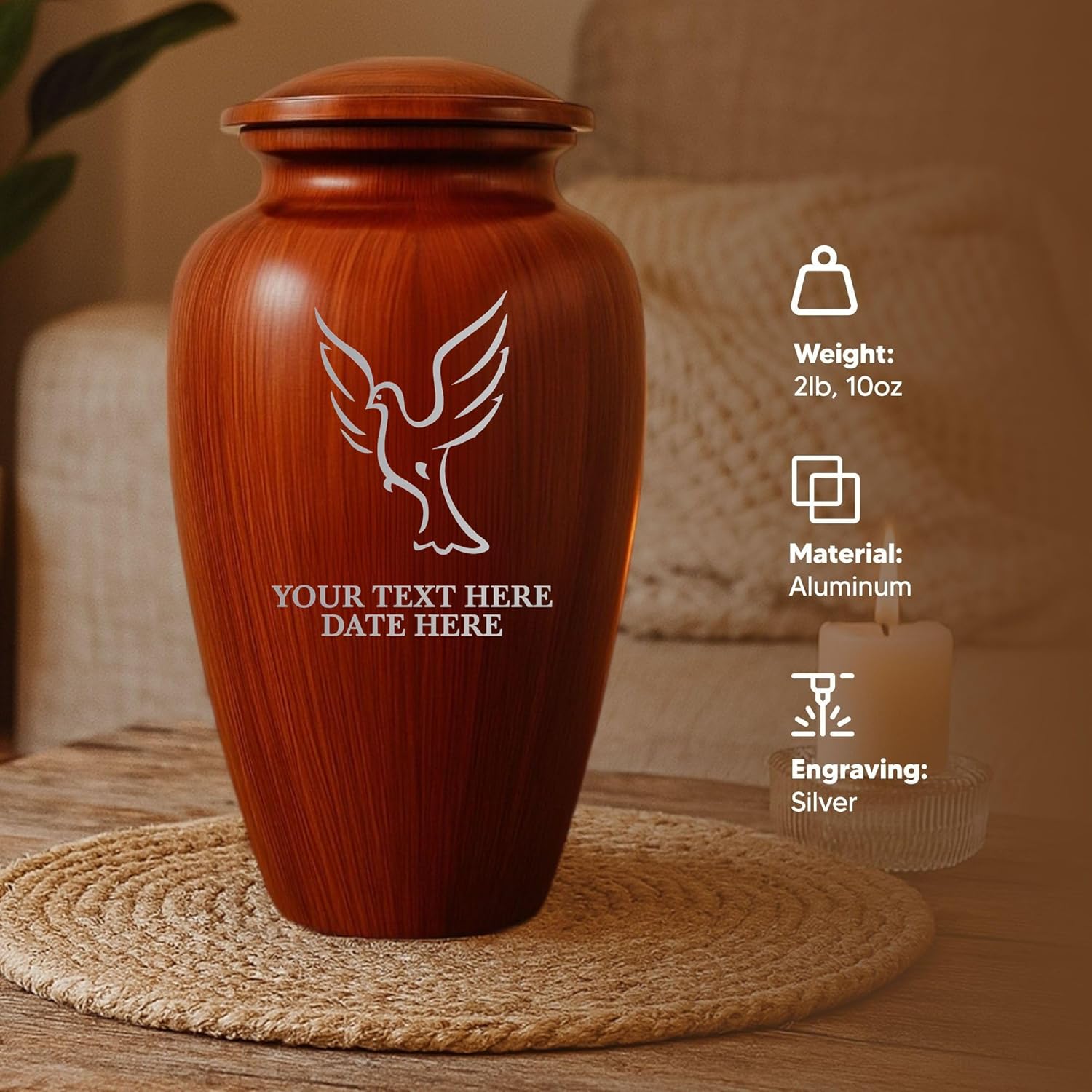 Custom Cremation Urn with Painted Wood Finish and Engraved Dove Design