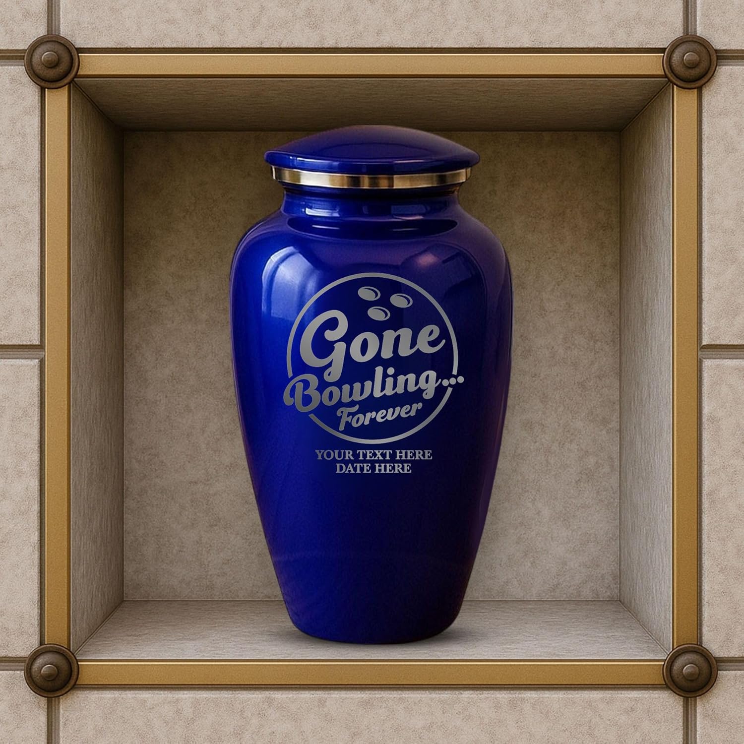 Custom Cremation Urn - Funny Bowling Themed Purple Metal Vessel