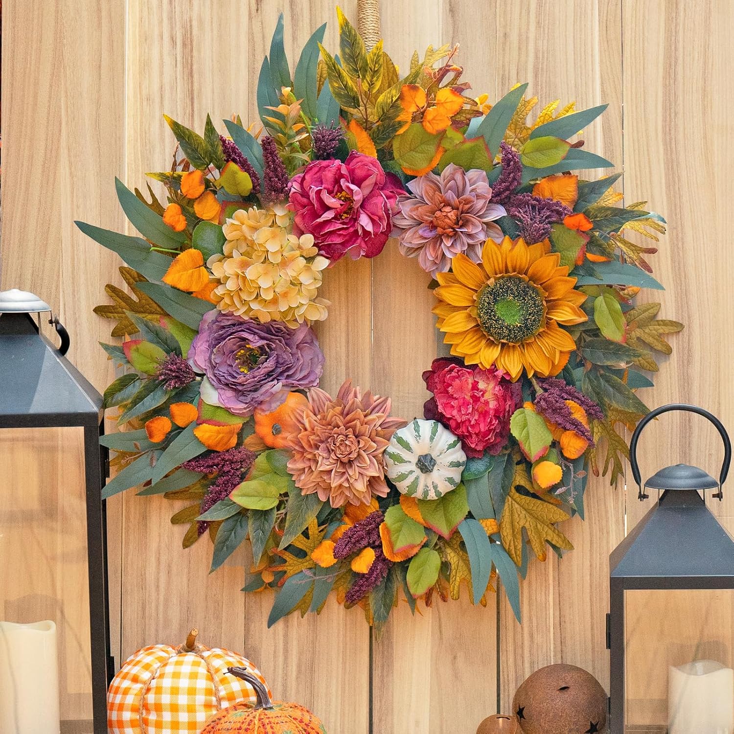 24 Inch Fall Wreath with Sunflowers Pumpkins Peonies Hydrangeas Dahlias Eucalyptus