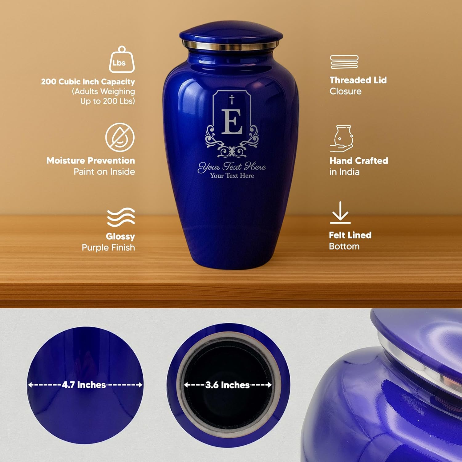 Custom Purple Metal Cremation Urn with 5 Designs