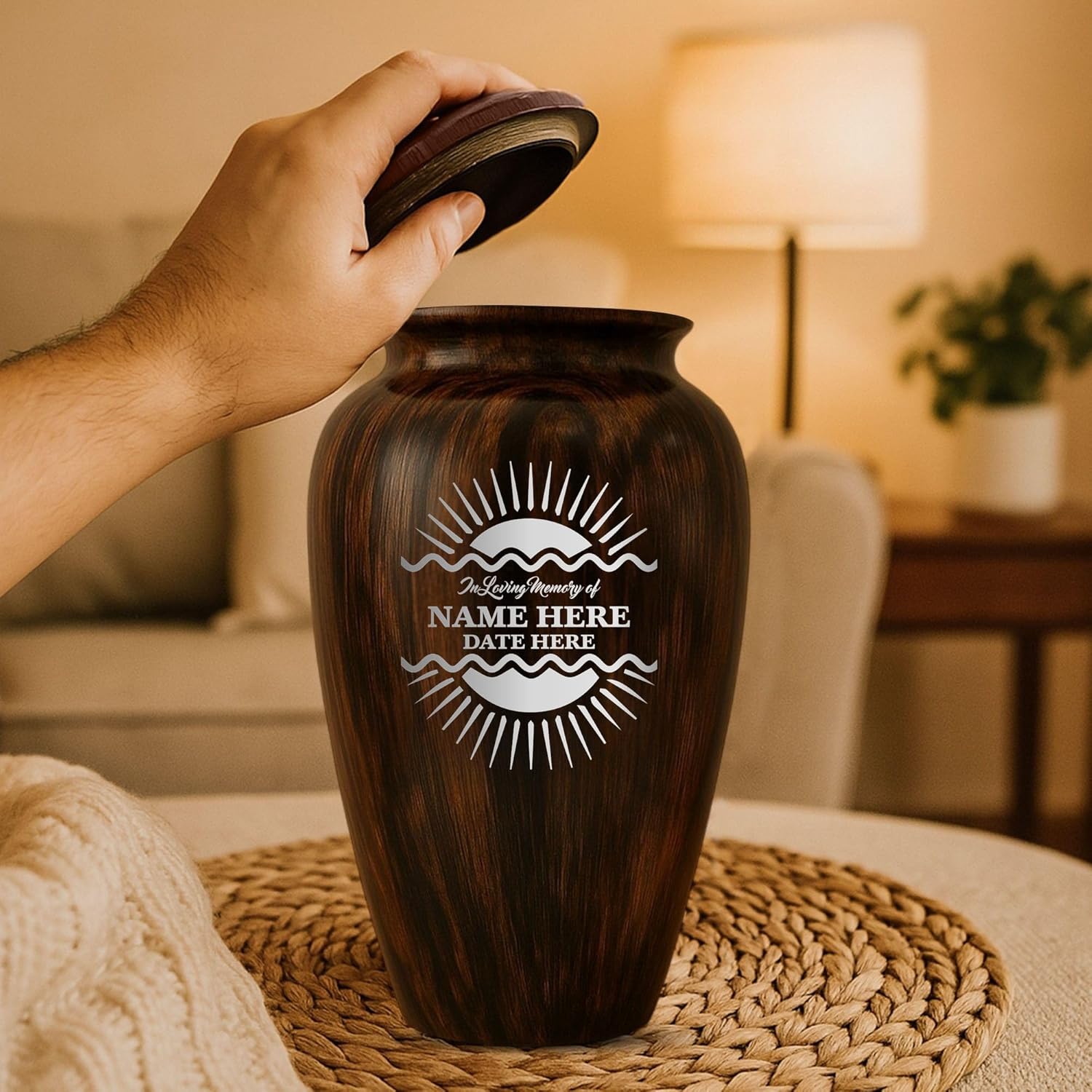 Custom Metal Urn with Painted Wood Finish and Sunbeam Design