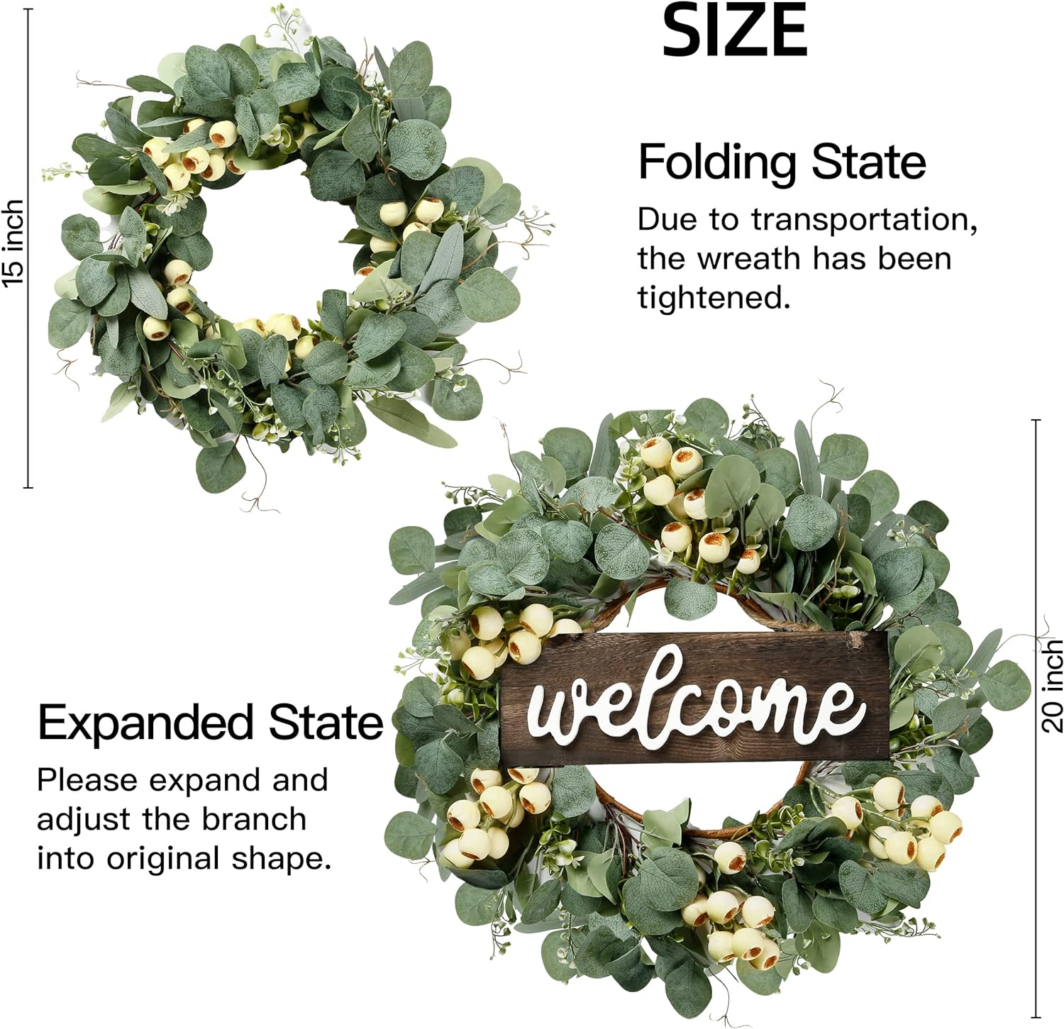 Green Artificial Eucalyptus Wreath with Welcome Sign 20in Decor