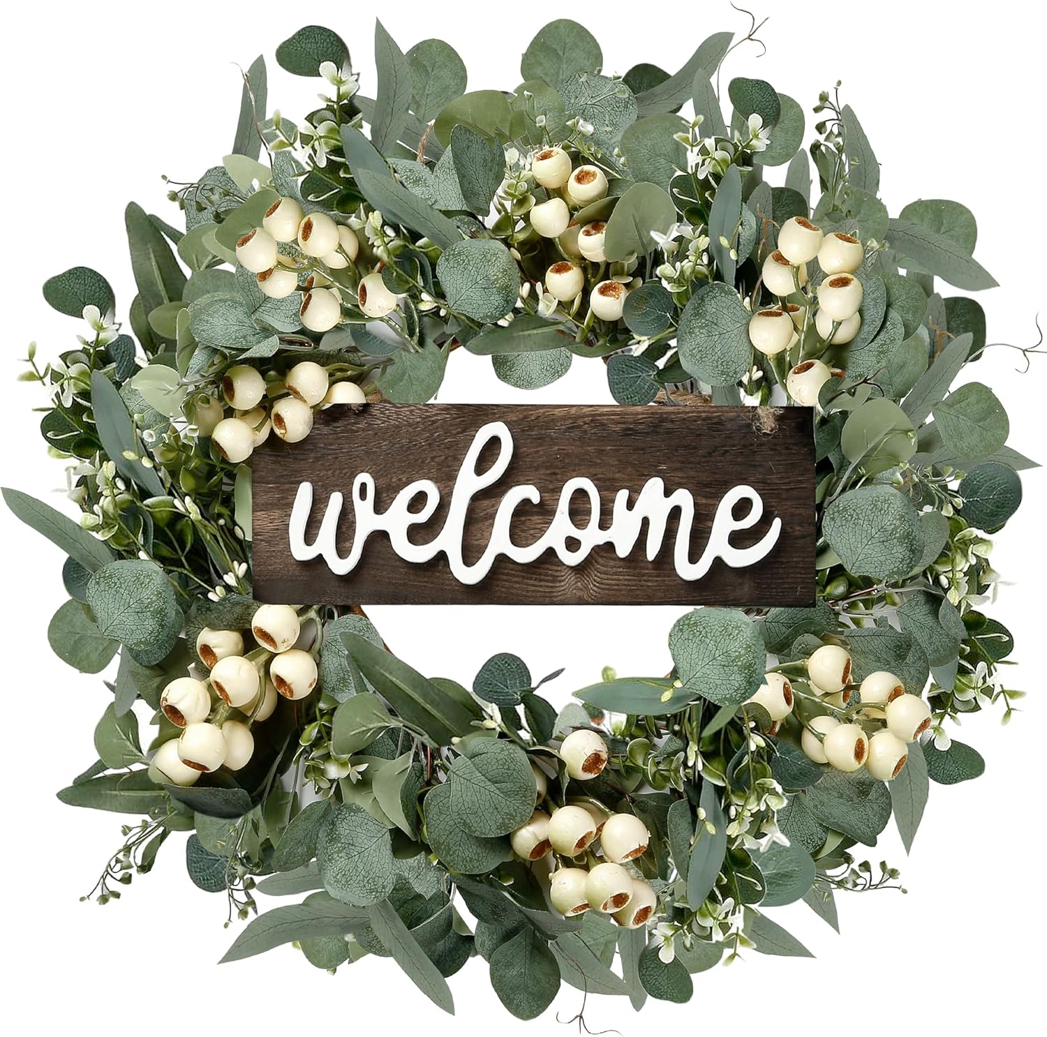 Green Artificial Eucalyptus Wreath with Welcome Sign 20in Decor