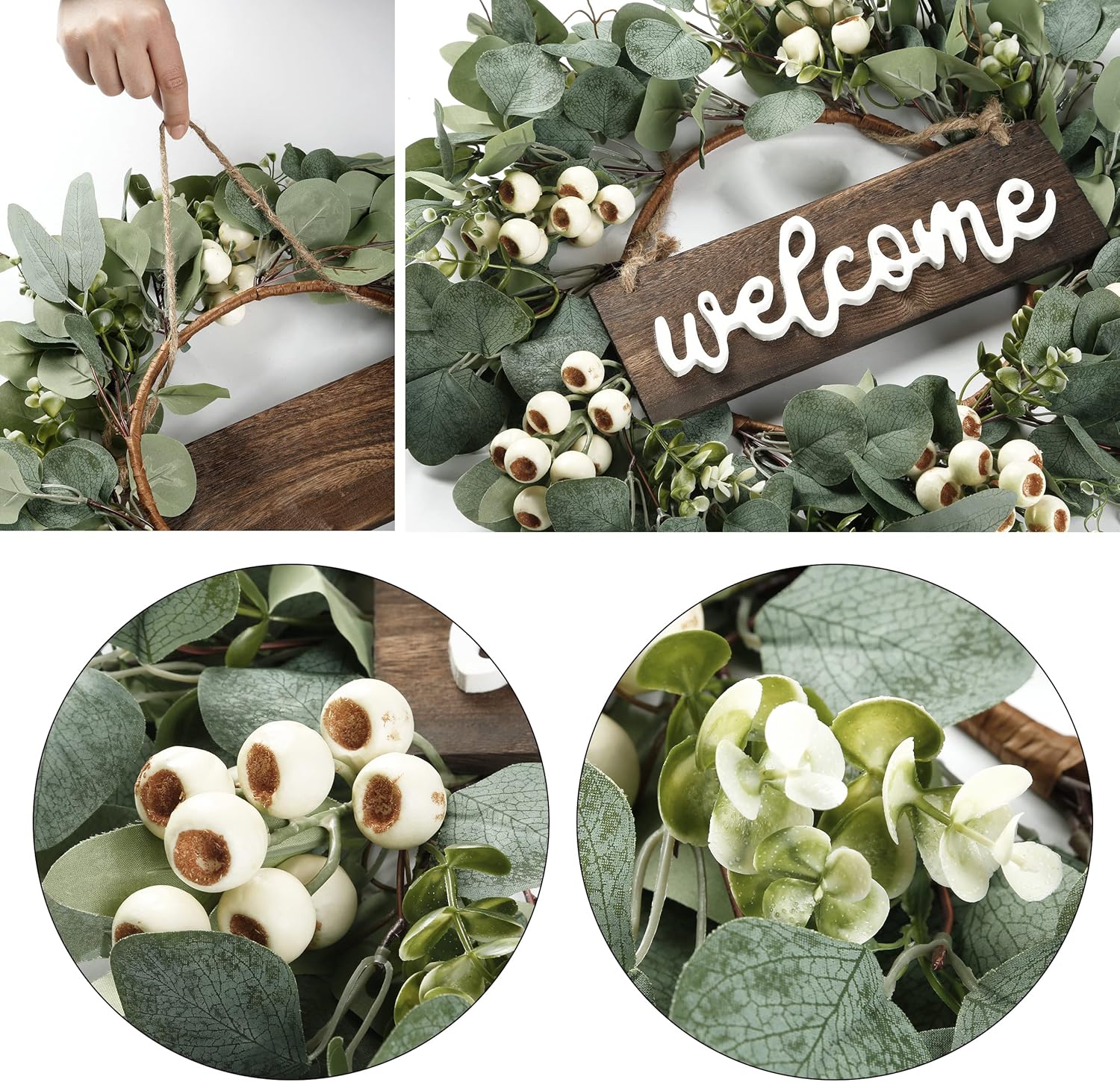 Green Artificial Eucalyptus Wreath with Welcome Sign 20in Decor