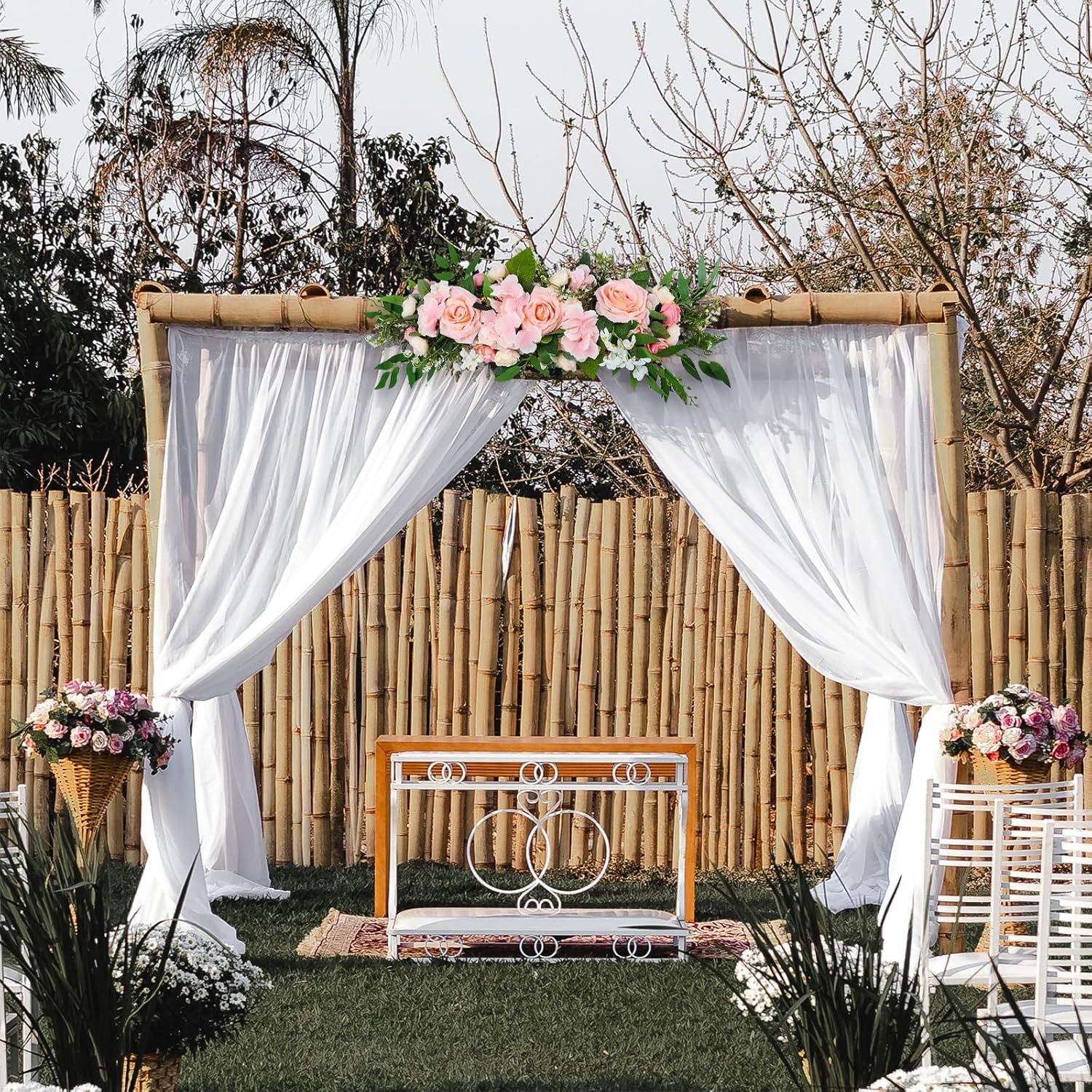 256in Pink Peony Rose Arch Floral Swag with Green Leaves