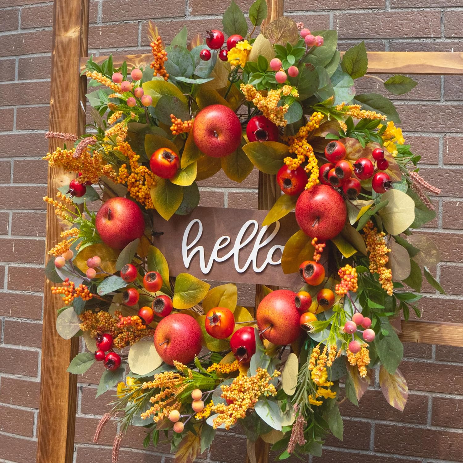 24 Inch Fall Wreath with Apples and Wooden Hello Sign