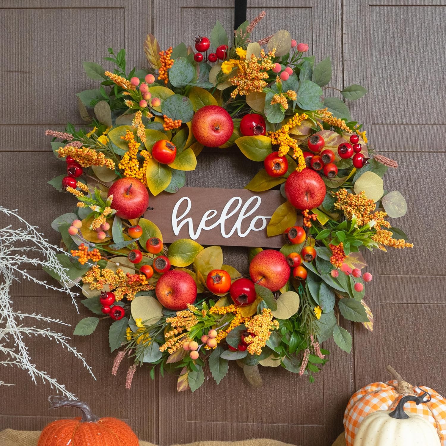 24 Inch Fall Wreath with Apples and Wooden Hello Sign
